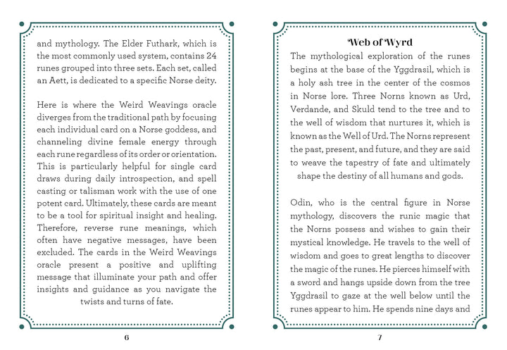 Two open pages from the Weird Weavings Runic Oracle by Schiffer Publishing, Ltd. show text with ornate borders; the left discusses Norse runes and how to use the oracle, while the right explores Elder Futhark origins and their meanings.