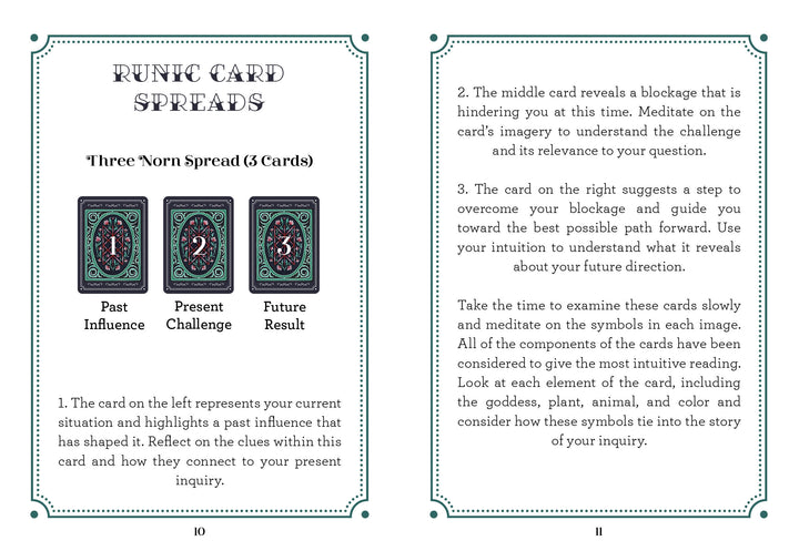 The Weird Weavings Runic Oracle by Schiffer Publishing, Ltd. offers a two-page guide for a Three Norn Rune Card Spread with Past, Present, and Future positions plus detailed Elder Futhark instructions for interpreting each card as a runic oracle.