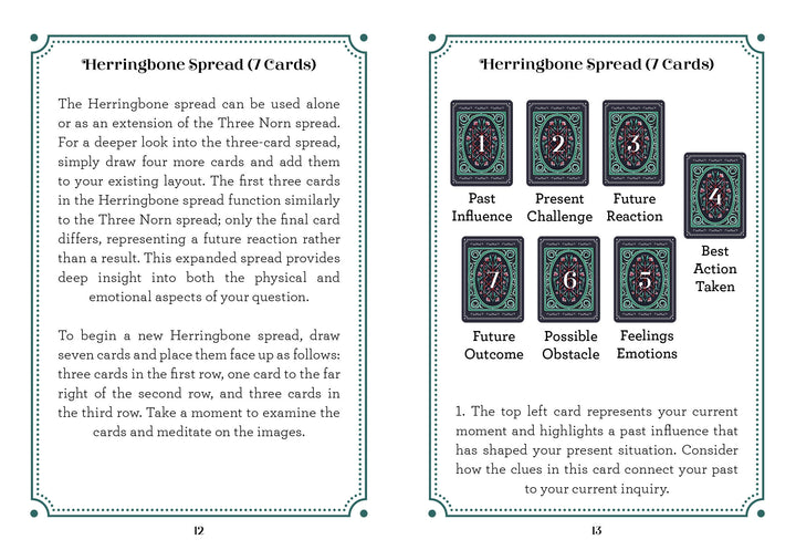 Two open book pages from Schiffer Publishing, Ltd.’s Weird Weavings Runic Oracle show the Herringbone tarot spread: the right page features a diagram of seven cards in an arrow pattern, reminiscent of Elder Futhark-inspired runic layouts.