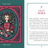 The Weird Weavings Runic Oracle by Schiffer Publishing, Ltd. features an illustrated card of Frigg with a gray cat and plants, the Fehu rune above her, plus a description of Fehu’s meaning and symbolism alongside the artwork.