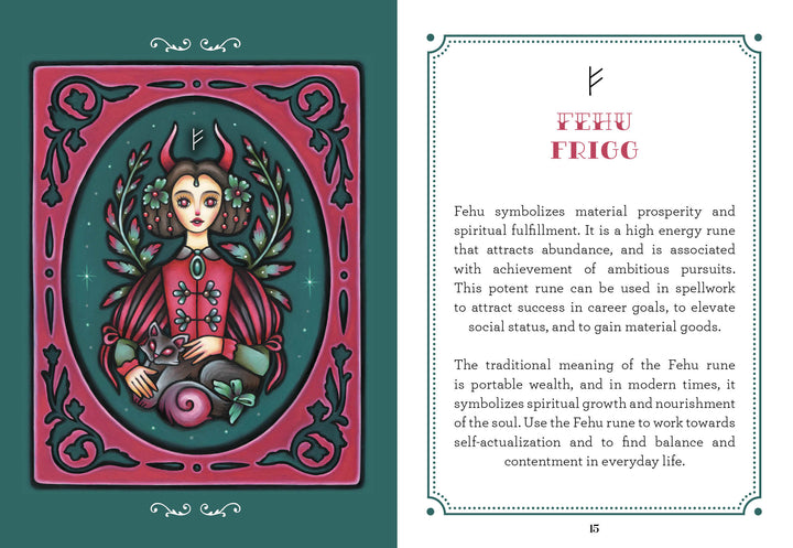 The Weird Weavings Runic Oracle by Schiffer Publishing, Ltd. features an illustrated card of Frigg with a gray cat and plants, the Fehu rune above her, plus a description of Fehu’s meaning and symbolism alongside the artwork.
