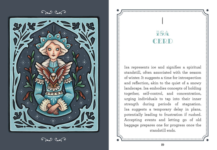 An illustrated card from the Weird Weavings Runic Oracle by Schiffer Publishing, Ltd. depicts a serene, crowned figure with a staff and owl amid snowflakes, symbolizing introspection and stillness in this wintery runic wisdom.