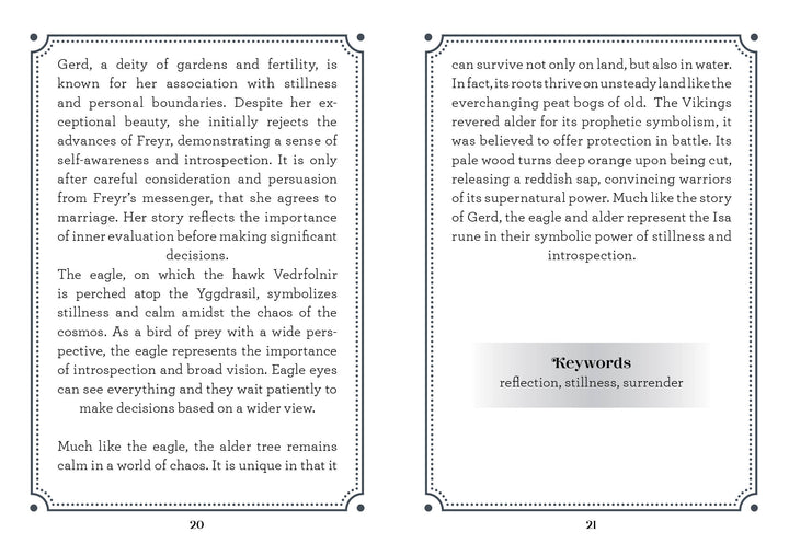 In the Weird Weavings Runic Oracle by Schiffer Publishing, Ltd., two pages explore Gerd, the Norse goddess of stillness and introspection, with eagle and alder symbols. The Elder Futhark-inspired page features a decorative box: "Keywords: reflection, stillness, surrender.