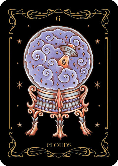 The Nocturnal Garden Lenormand by Schiffer Publishing, Ltd. features its Clouds card: a crystal ball with swirling purple clouds and an orange lightning bolt on a gold and red stand, set against black, with the number 6 at the top.