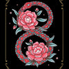 A stylized card from the Nocturnal Garden Lenormand by Schiffer Publishing, Ltd. shows a red and teal snake in a figure-eight around pink flowers on black with gold borders. The card is marked “7” and “SNAKE.”.