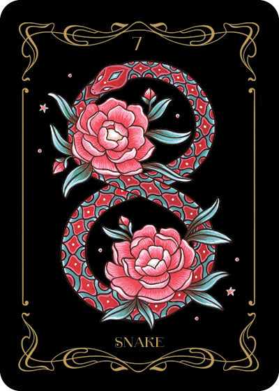 A stylized card from the Nocturnal Garden Lenormand by Schiffer Publishing, Ltd. shows a red and teal snake in a figure-eight around pink flowers on black with gold borders. The card is marked “7” and “SNAKE.”.