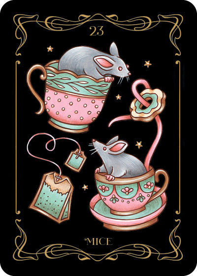 Two gray mice sit in teacups with a teabag, flower, and a heart-shaped pink ribbon. Gold stars and "23" adorn the black background—ideal for Moon Journaling or divination with the Nocturnal Garden Lenormand by Schiffer Publishing, Ltd.