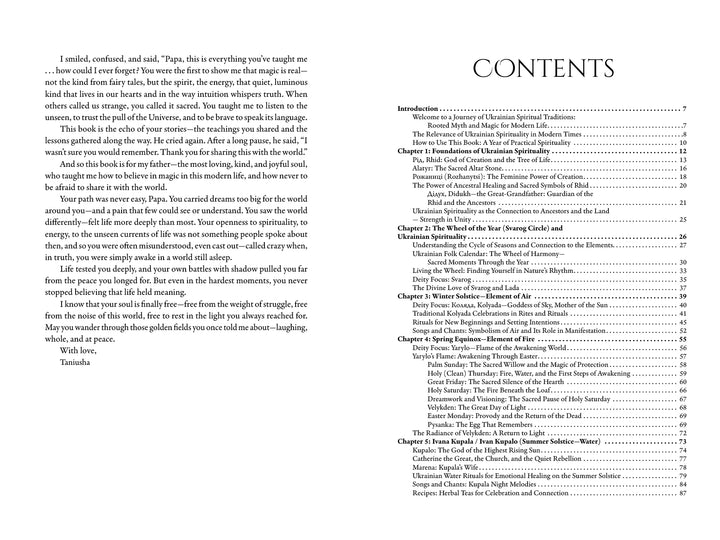 The table of contents and introduction from "Ukrainian Spiritual Traditions" by Schiffer Publishing, Ltd. showcase chapters on flora, fauna, earth-centered practices, and connection, with two columns listing titles and page numbers on the right.