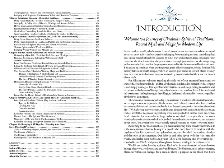 The table of contents in "Ukrainian Spiritual Traditions" by Schiffer Publishing, Ltd. lists chapters on spiritual customs and earth-centered magic; the “Introduction” highlights the modern value of rooted myth and seasonal rituals.