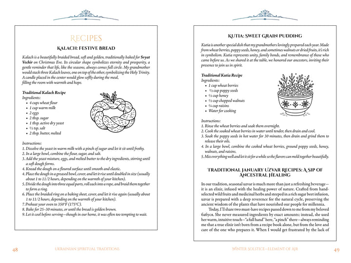 Two recipe pages from *Ukrainian Spiritual Traditions* by Schiffer Publishing, Ltd. show festive bread (braided loaf) and sweet grain pudding (bowl of grain), each with ingredients, instructions, culture notes, and spiritual context.