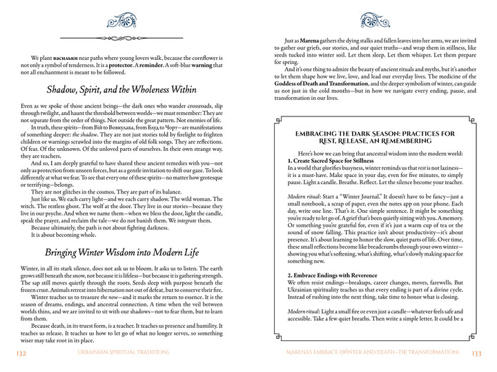 Two pages from Ukrainian Spiritual Traditions by Schiffer Publishing, Ltd. feature black text on white, with headings like “Shadow, Spirit, and the Wholeness Within” and a sidebar on earth-centered practices and seasonal rituals.