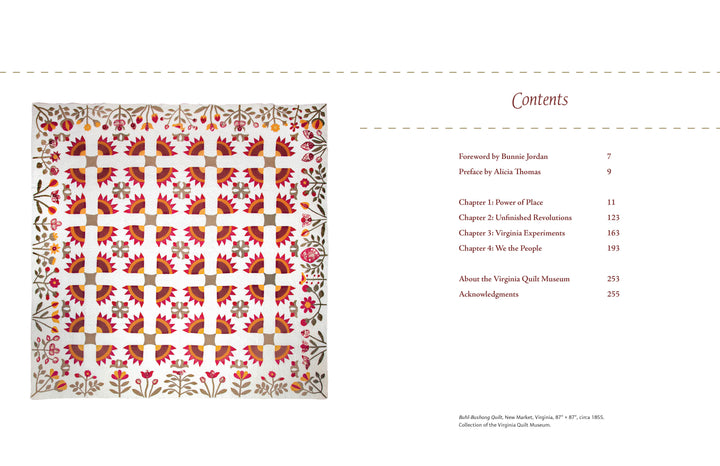 Stitching Together History by Schiffer Publishing, Ltd. is shown on the left with a vibrant Virginia-inspired quilt featuring geometric and floral designs; on the right, a red-numbered table of contents highlights chapters and sections.