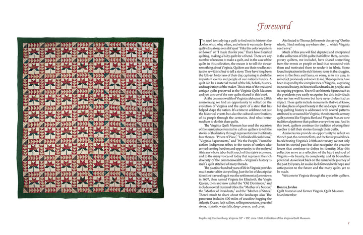 On the left is "Stitching Together History" from Schiffer Publishing, Ltd., featuring a quilt with red, pink, and green geometric patterns and a solid green border. On the right is a “Foreword by Bunnie Jordan” page from the Virginia Quilt Museum.