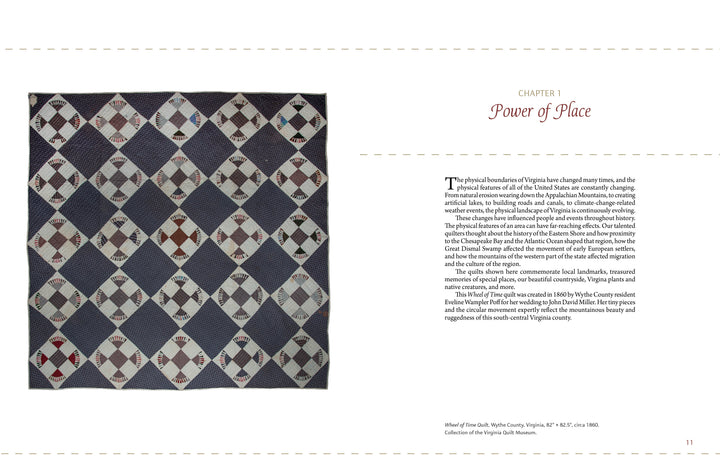 On the left, a diamond-pattern patchwork quilt of multicolored squares and triangles represents Virginia quilts; on the right, text introduces Chapter 1: Power of Place from *Stitching Together History* by Schiffer Publishing, Ltd.
