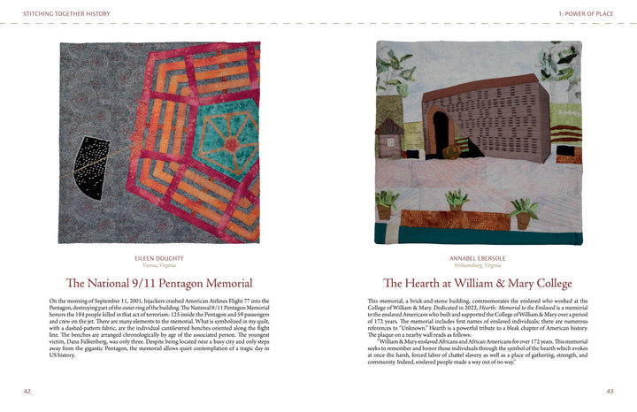 Stitching Together History" by Schiffer Publishing, Ltd. displays two quilts: one with vibrant shapes honoring the 9/11 Pentagon Memorial, and another depicting William & Mary College, reflecting the legacy of Virginia quilts.