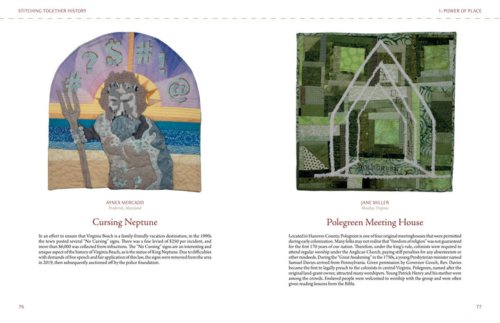 On the left is quilted art of Neptune with a trident amid waves; on the right, a Virginia Quilt Museum design shows a house and “POLEGREEN.” Featured in "Stitching Together History" by Schiffer Publishing, Ltd.