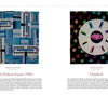 Two quilt artworks from "Stitching Together History" by Schiffer Publishing, Ltd. are displayed side by side—one in blue tones with black-and-white patterns, the other with colorful dots on black and a central white circle with black rectangles.