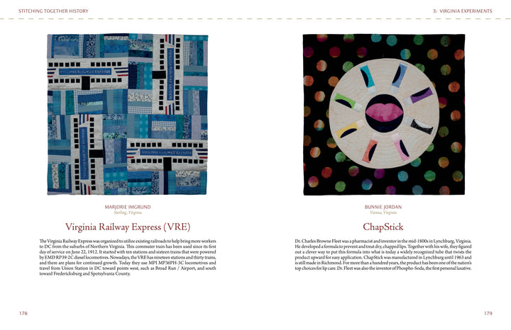 Two quilt artworks from "Stitching Together History" by Schiffer Publishing, Ltd. are displayed side by side—one in blue tones with black-and-white patterns, the other with colorful dots on black and a central white circle with black rectangles.
