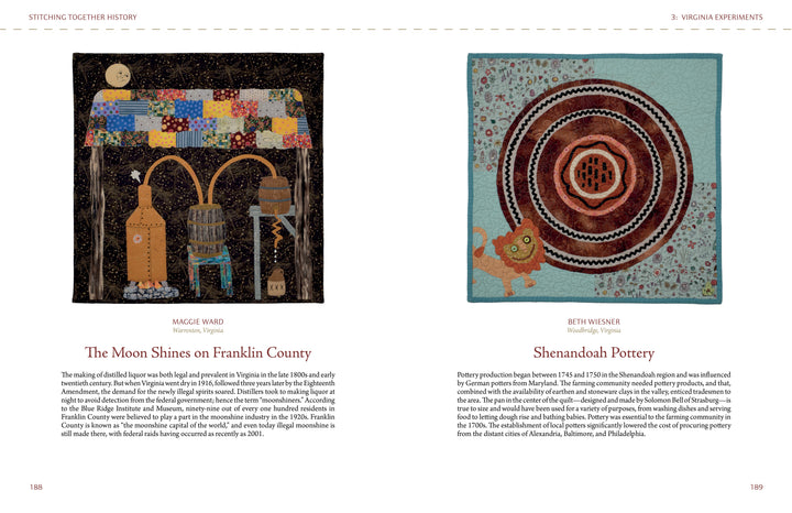 Left: A still life quilt with jug, corn, and basket under a patchwork sky; right: orange cat and spinning wheel. "Stitching Together History" by Schiffer Publishing, Ltd. showcases Virginia quilts inspired by county heritage and local artists.
