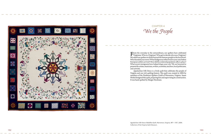 Stitching Together History" by Schiffer Publishing, Ltd. features a vibrant quilt with a central geometric star, floral motifs, and a patchwork border—an artistic nod to traditional American history quilts on a white background.