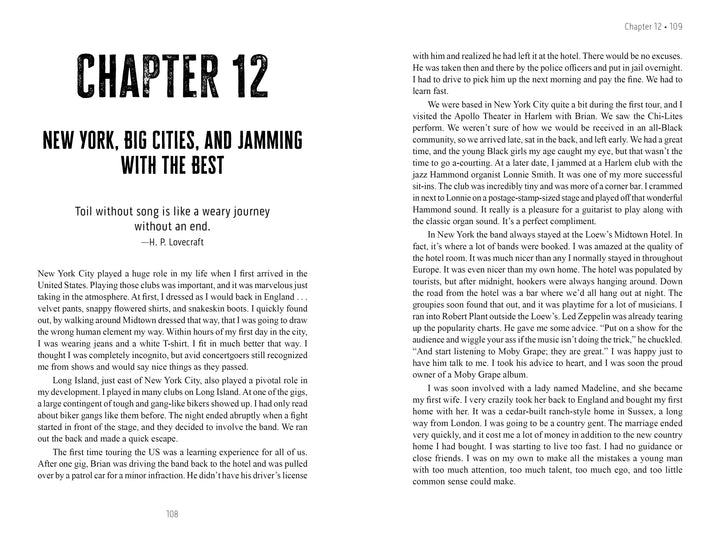 A two-page spread from "Street Corner Talking, The Autobiography of Kim Simmonds" by Schiffer Publishing, Ltd. shows Chapter 12, which opens with an H.P. Lovecraft quote and Kim's first impressions of New York, with his story continuing on the right page.