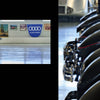 Audi's Historic Fleet by Schiffer Publishing, Ltd. showcases a lineup of vintage luxury cars, featuring classic Audi vehicles displayed indoors with gleaming chrome details and an Audi banner visible on the left wall.