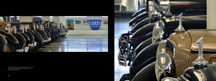 Audi's Historic Fleet by Schiffer Publishing, Ltd. showcases a lineup of vintage luxury cars, featuring classic Audi vehicles displayed indoors with gleaming chrome details and an Audi banner visible on the left wall.