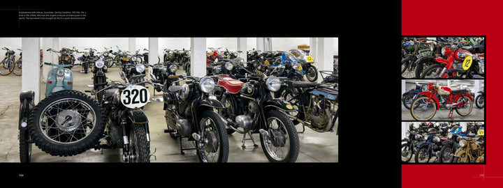 Audi's Historic Fleet by Schiffer Publishing, Ltd. showcases rows of vintage motorcycles in a bright indoor space, similar to displays at the Audi Museum Mobile, with close-up shots featuring classic red models.