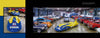 Schiffer Publishing, Ltd.'s Audi's Historic Fleet showcases a blue and yellow vintage NSU race car with Continental logos, displayed in a bright garage among classic cars at the Audi Museum Mobile.