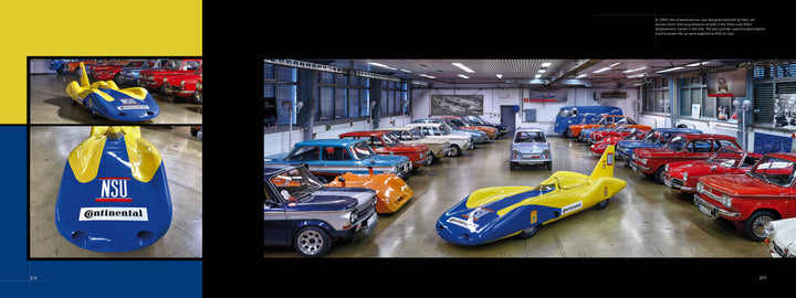 Schiffer Publishing, Ltd.'s Audi's Historic Fleet showcases a blue and yellow vintage NSU race car with Continental logos, displayed in a bright garage among classic cars at the Audi Museum Mobile.