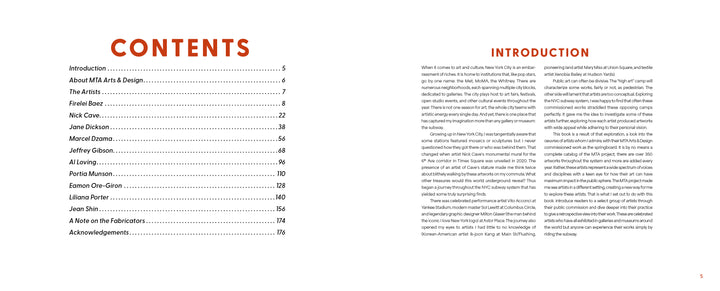 A two-page spread from "Museum in Transit" by Schiffer Publishing, Ltd.: Left page shows a black table of contents titled CONTENTS in large red letters; right page has INTRODUCTION in bold red above a text on subway art.