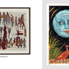 In "Museum in Transit" by Schiffer Publishing, Ltd., a two-page spread features a vibrant folk-inspired artwork beside a surreal image of a blue moon face above an orange bird and shadowy landscape.