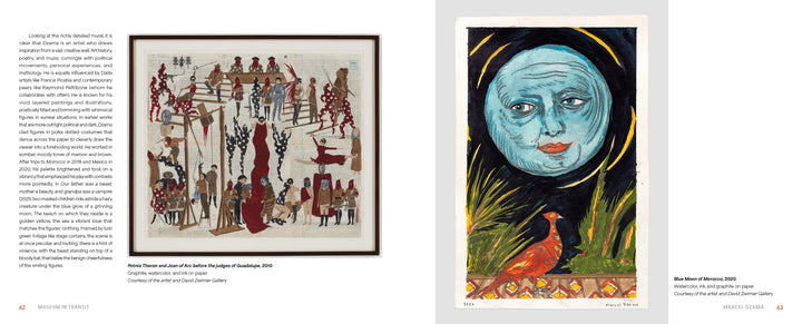 In "Museum in Transit" by Schiffer Publishing, Ltd., a two-page spread features a vibrant folk-inspired artwork beside a surreal image of a blue moon face above an orange bird and shadowy landscape.