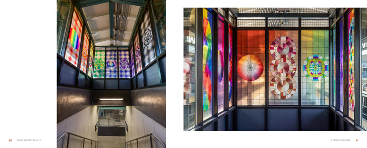 Museum in Transit by Schiffer Publishing, Ltd. showcases colorful geometric stained glass art panels that brighten a New York subway stairwell—an inspiring example of MTA Arts & Design station art.