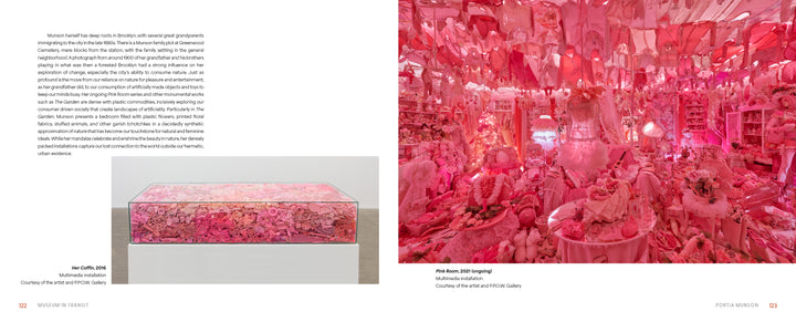 Two artworks by Portia Munson—left: a display of pink objects; right: an immersive room with pink items—recall NYC subway art featured in "Museum in Transit" by Schiffer Publishing, Ltd.