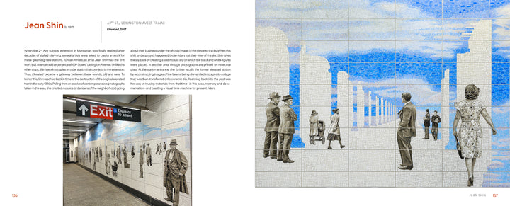 Museum in Transit by Schiffer Publishing, Ltd. features a subway station mosaic showing people in 1940s attire, blue sky, architecture, an EXIT sign close-up, and passengers—part of the New York MTA Arts & Design public art series.