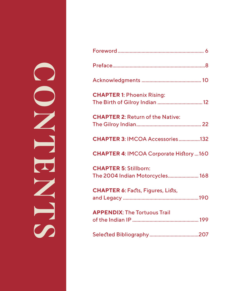 Table of contents page with a red vertical bar on the left showing “CONTENTS” in large white letters. On the right, chapters and page numbers feature topics like Gilroy Indians and American motorcycle history. Brand: Schiffer Publishing, Ltd.