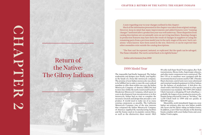 A two-page book spread for "Gilroy Indians" by Schiffer Publishing, Ltd.: the left page is red with a large vertical “CHAPTER 2,” title, and a faded Indian Motorcycle rider. The right page features a chapter heading, quote, and two columns of text.