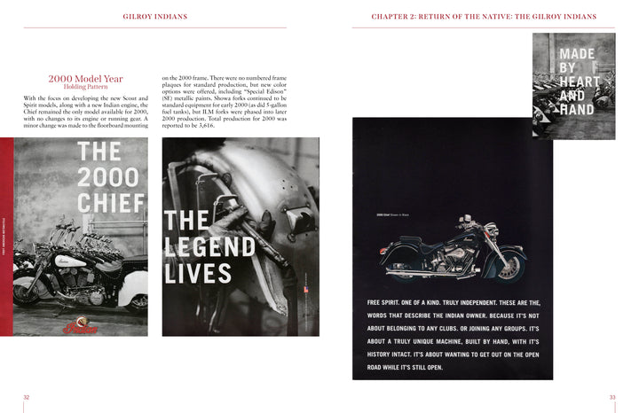 Two magazine pages celebrate Gilroy Indians by Schiffer Publishing, Ltd.—a tribute to Indian Motorcycle’s legacy. The left shows a 2000 Chief close-up, THE LEGEND LIVES; the right displays another black bike and a quote on Gilroy’s uniqueness.