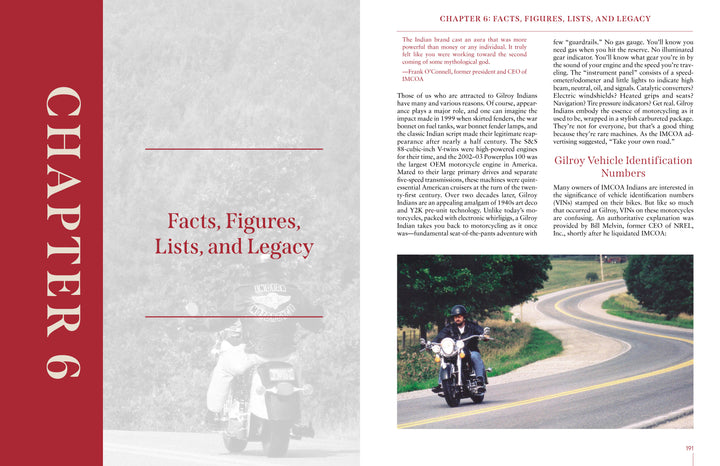 A book spread from "Gilroy Indians" by Schiffer Publishing, Ltd. shows CHAPTER 6 in bold red on the left with a faded Indian Motorcycle rider; the right page has chapter text and a photo of two riders on a rural winding road.