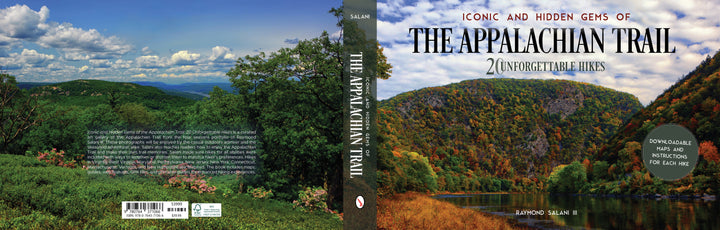 A book cover with lush green mountains and forests under a blue sky showcases Iconic and Hidden Gems of the Appalachian Trail by Schiffer Publishing, Ltd.—a nature photography book ideal for day hike enthusiasts. The back features a mountain and river landscape below the title.