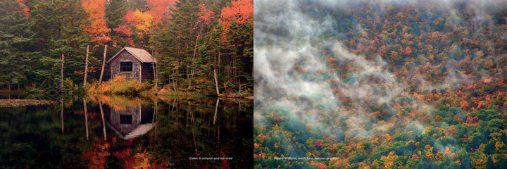 In "Iconic and Hidden Gems of the Appalachian Trail" by Schiffer Publishing, Ltd., a rustic cabin overlooks a tranquil lake amid vivid autumn leaves, while mist drifts over a colorful, forested Appalachian mountainside nearby.