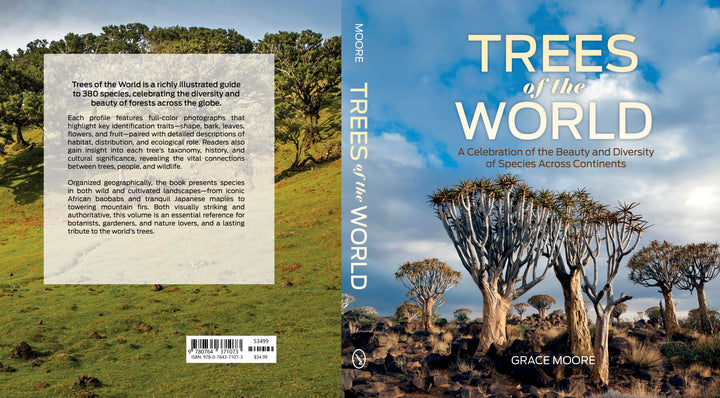 Book cover for Trees of the World by Schiffer Publishing, Ltd. features quiver trees in a rocky, grassy landscape beneath a blue sky; the back highlights this tree species guide and celebrates global tree diversity and beauty.