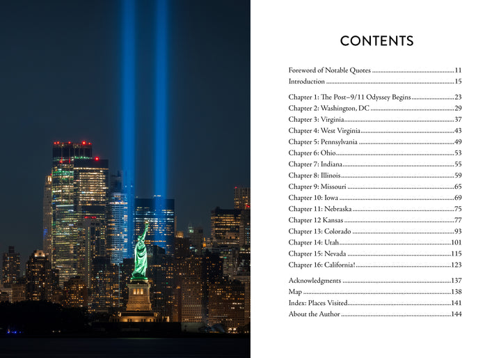 The image shows the Statue of Liberty lit up before New York City's skyline and twin blue beams for 9/11, symbolizing unity and remembrance. Next to it is a table of contents for "We Are All Americans" by Schiffer Publishing, Ltd.