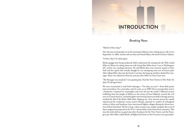 An open book titled "We Are All Americans" by Schiffer Publishing, Ltd. displays an intro page called Breaking News, with a faint Twin Towers image above. The text recounts Peter Laufer’s September 11, 2001 experiences and initial reactions.