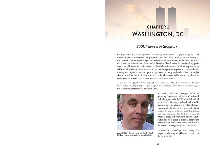 A page from "We Are All Americans" by Schiffer Publishing, Ltd. shows Chapter 2: Washington, DC: 2001, with a photo of a man in military gear by a Humvee and text on Peter Laufer’s 9/11 experience and American identity.