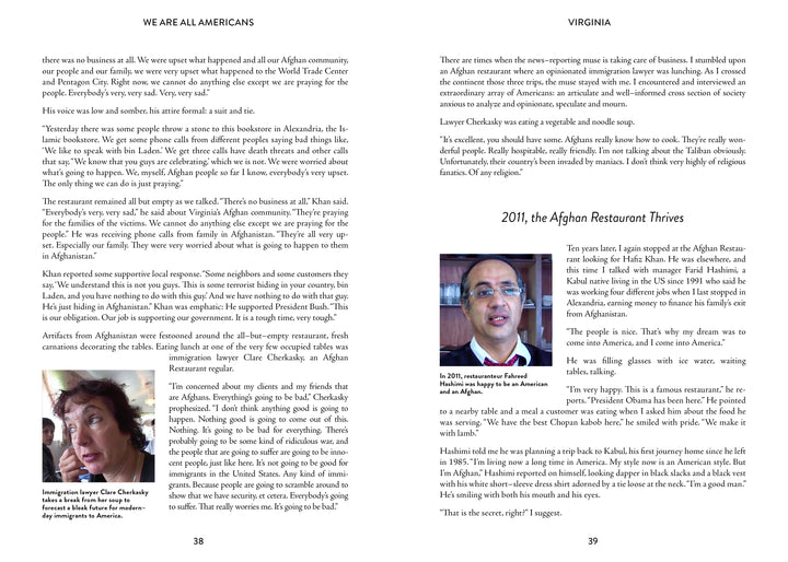 A two-page spread in Schiffer Publishing, Ltd.'s "We Are All Americans" features text by Peter Laufer on Afghan restaurant owners in Virginia post-9/11, with photos of a woman speaking and a man smiling inside a restaurant.