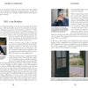 A two-page magazine spread for Schiffer Publishing, Ltd.'s "We Are All Americans" features text and three photos—a smiling man in a blue jacket, Peter Laufer with a gray beard holding a mug, and a close-up of an entry keypad by a green door.