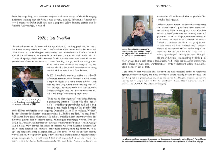 A two-page magazine spread for Schiffer Publishing, Ltd.'s "We Are All Americans" features text and three photos—a smiling man in a blue jacket, Peter Laufer with a gray beard holding a mug, and a close-up of an entry keypad by a green door.