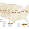 A stylized US map for "We Are All Americans" by Schiffer Publishing, Ltd. shows two cross-country routes from DC to California, with orange and red dots marking stops for gas, food, and interviews about American identity after 9/11; a legend lists stop locations.